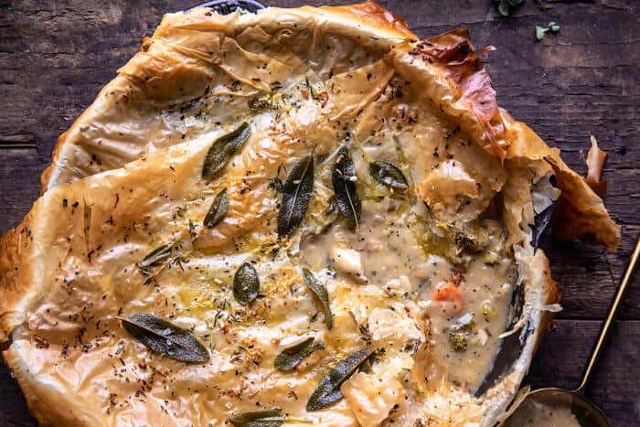 overhead horizontal close up photo of Skillet Chicken Broccoli Pot Pie with Garlic Butter Phyllo Crust