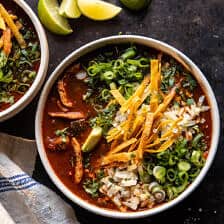 Slow Cooker Chipotle Chicken Tortilla Soup with Salty Lime Chips.