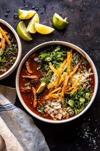 Slow Cooker Chipotle Chicken Tortilla Soup with Salty Lime Chips.