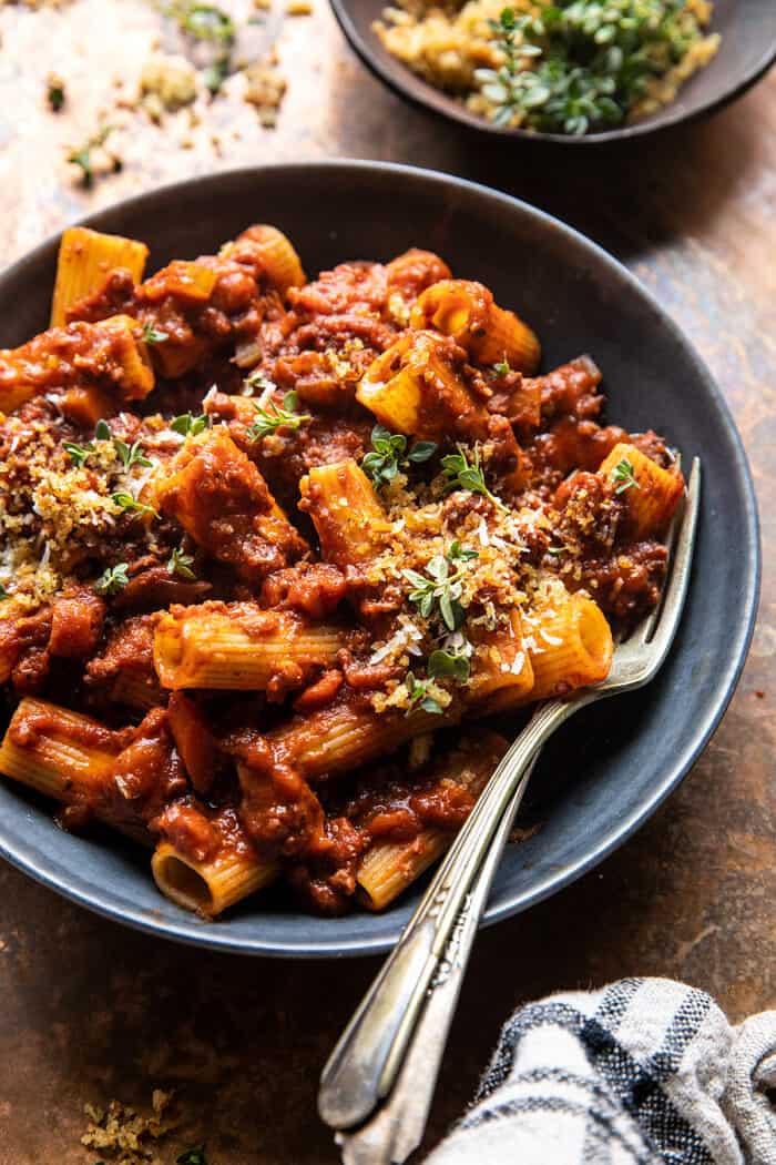 side angled photo of Slow Cooker Saucy Sunday Bolognese Pasta