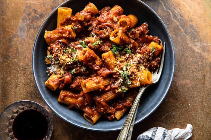 overhead horizontal photo of Slow Cooker Saucy Sunday Bolognese Pasta