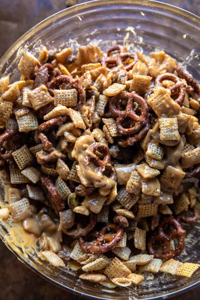 Snickerdoodle Peanut Butter Chocolate Chex mix in a bowl 
