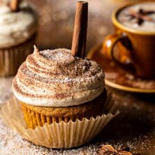 Vanilla Chai Pumpkin Latte Cupcakes with Cinnamon Brown Sugar Frosting.