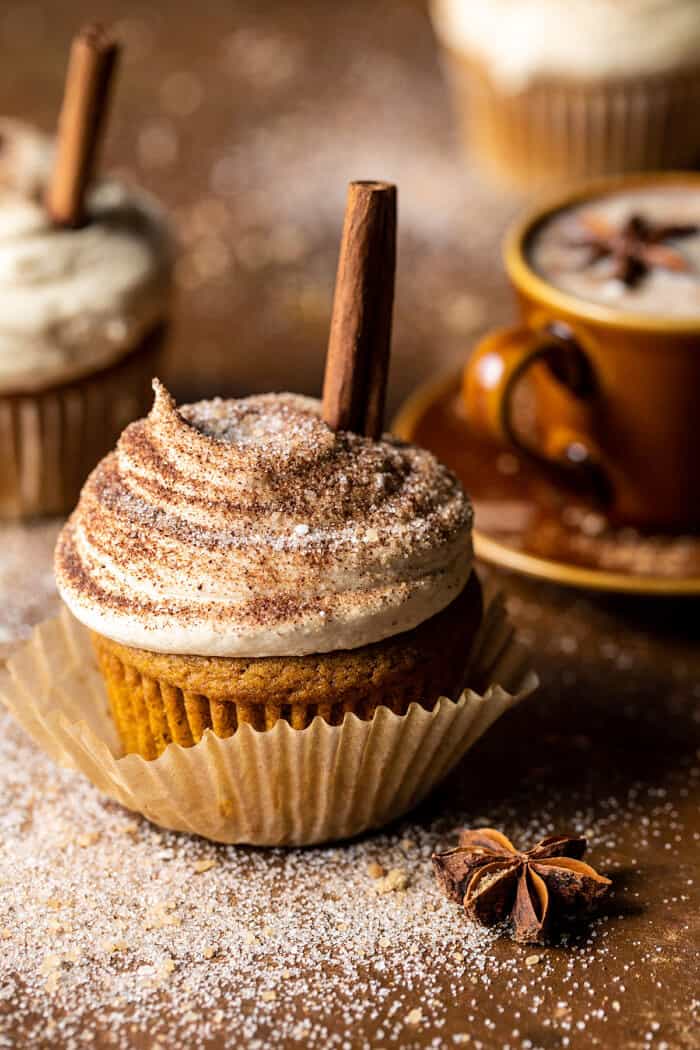 side angled photo of Vanilla Chai Pumpkin Latte Cupcakes with Cinnamon Brown Sugar Frosting