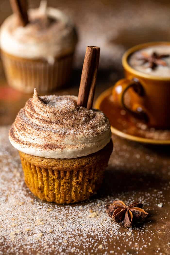 side agnled photo of Vanilla Chai Pumpkin Latte Cupcakes with Cinnamon Brown Sugar Frosting