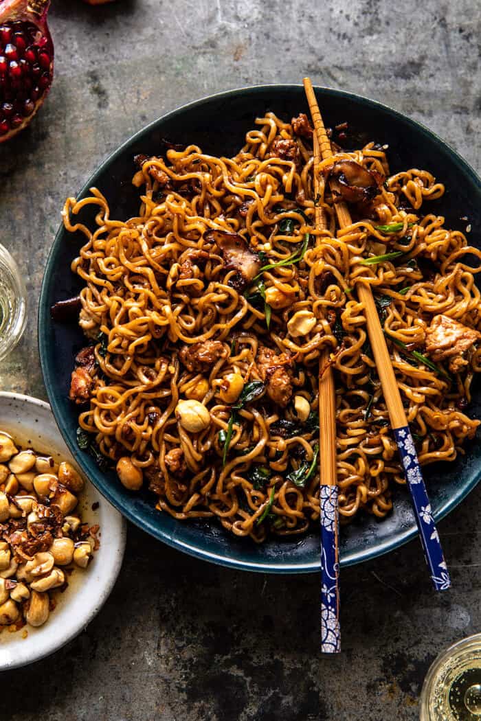 overhead photo of 30 Minute Spicy Sesame Noodles with Ginger Chicken 