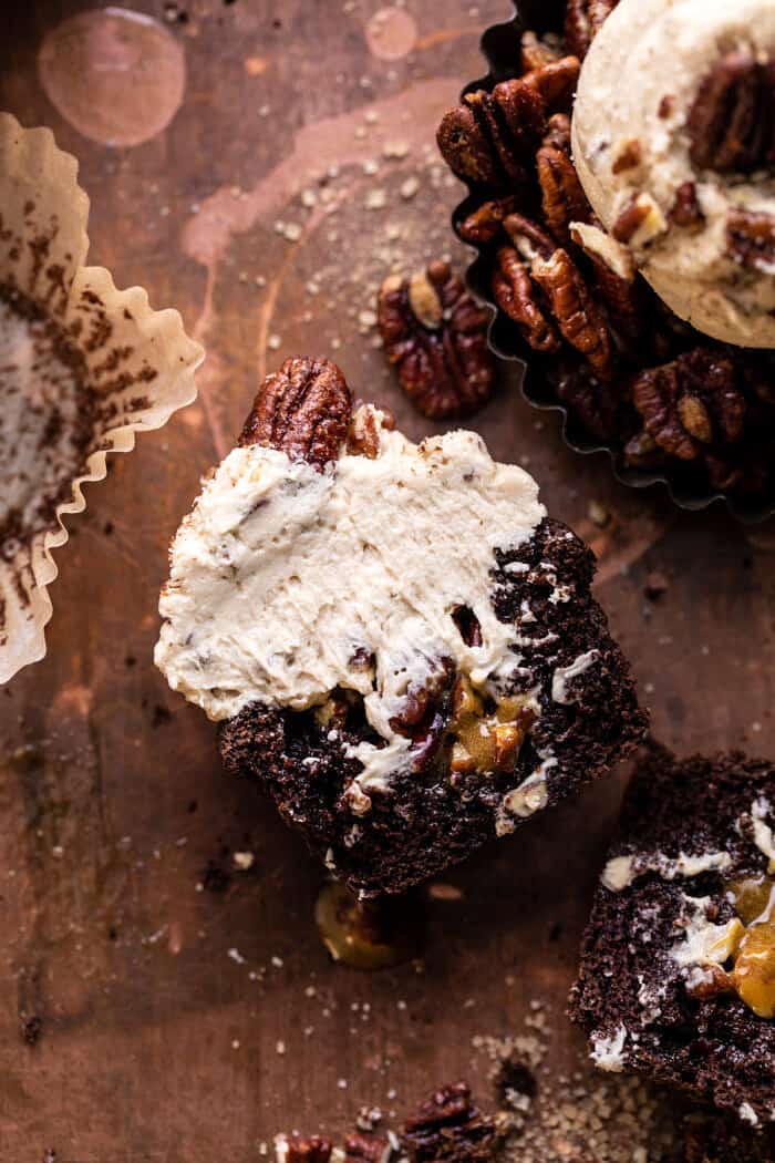 overhead photo of Chocolate Bourbon Pecan Pie Cupcakes with Butter Pecan Frosting