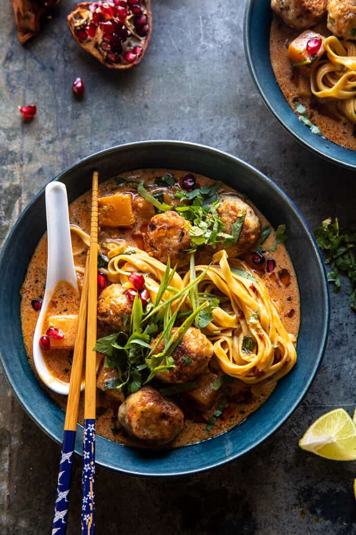 overhead photo of Creamy Coconut Chicken Meatball and Noodle Curry 