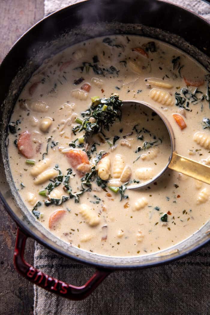 Creamy Gnocchi Soup with Rosemary Bacon in soup pot 