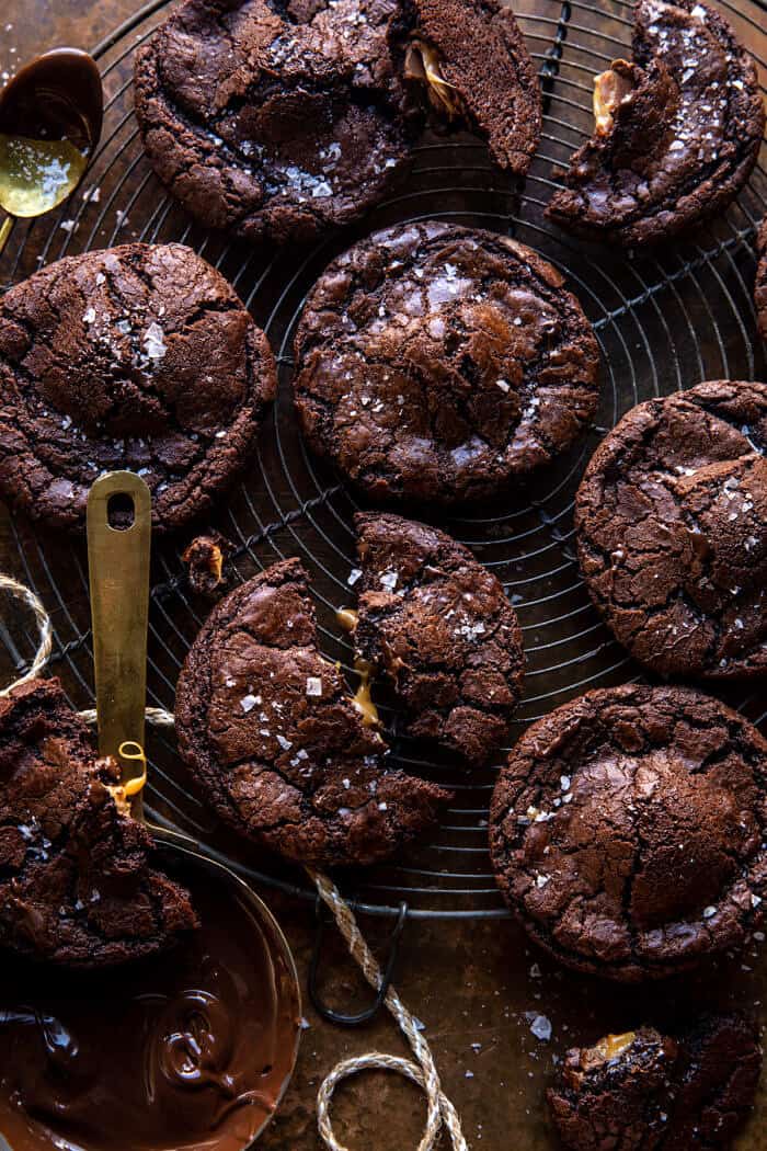 overhead photo of Crinkly Caramel Stuffed Brownie Cookies | halfbakedharvest.com