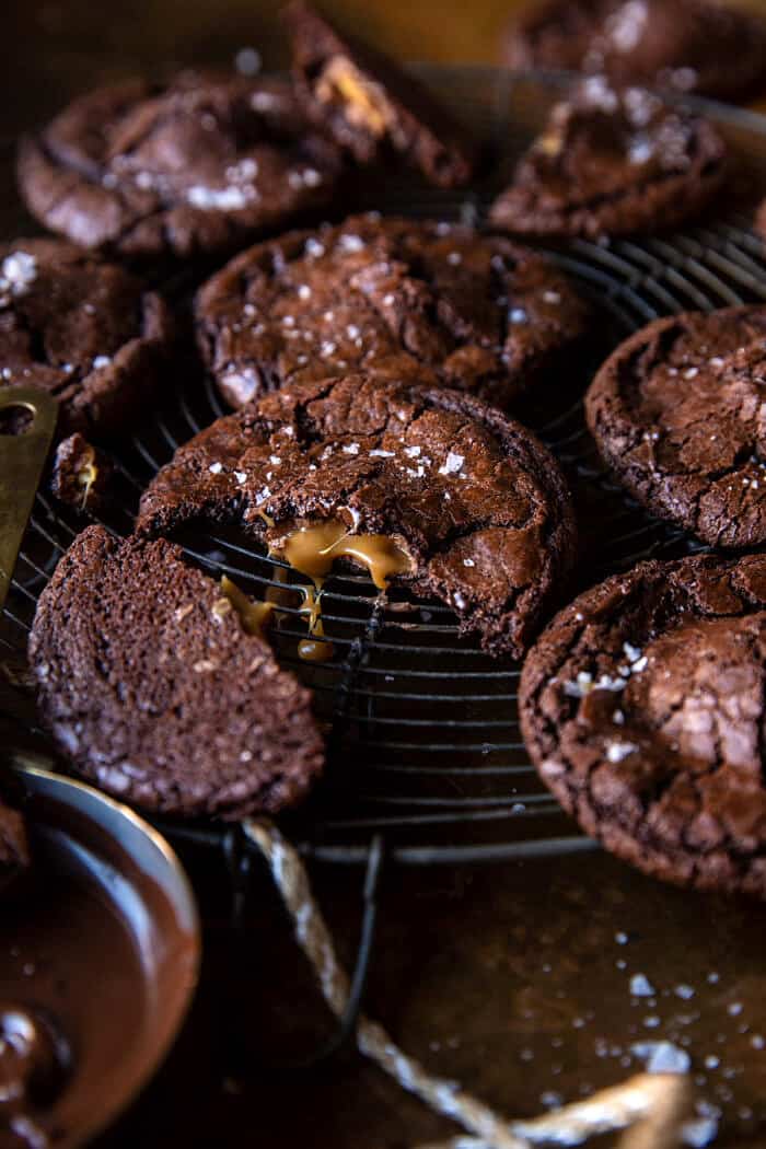 side angled close up photo of Crinkly Caramel Stuffed Brownie Cookies