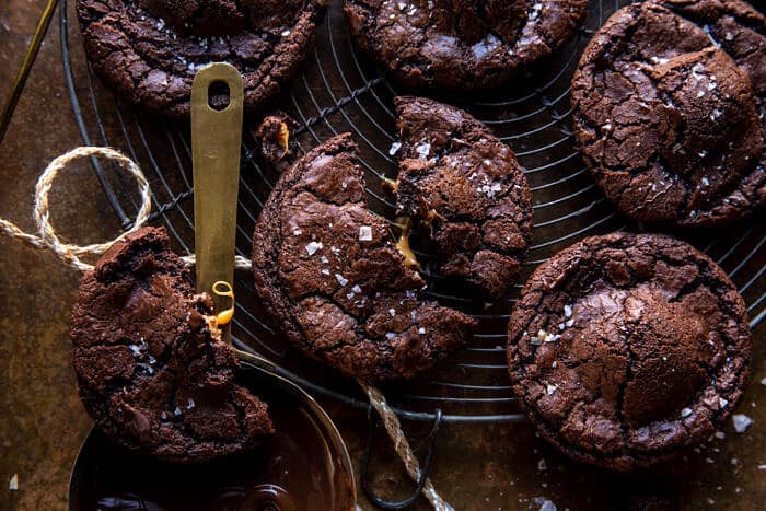 overhead horizontal photo of Crinkly Caramel Stuffed Brownie Cookies 
