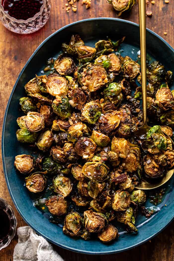 overhead photo of Fried Brussels Sprouts with Cider Vinaigrette and Bacon Breadcrumbs