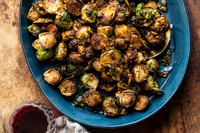 overhead horizontal photo of Fried Brussels Sprouts with Cider Vinaigrette and Bacon Breadcrumbs