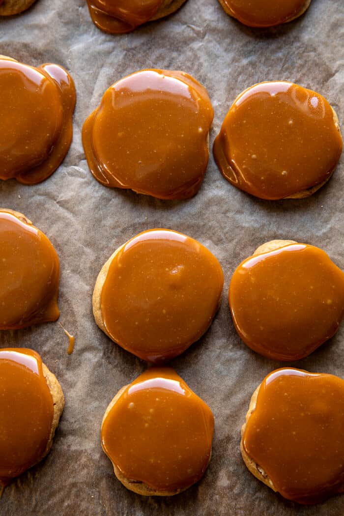 overhead photo of Slice n’ Bake Bourbon Caramel Pretzel Cookies before adding chocolate 