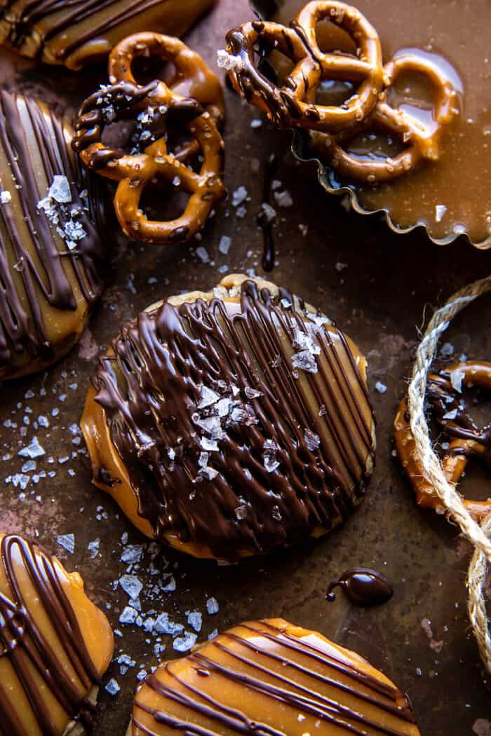 overhead close up photo of Slice n’ Bake Bourbon Caramel Pretzel Cookies