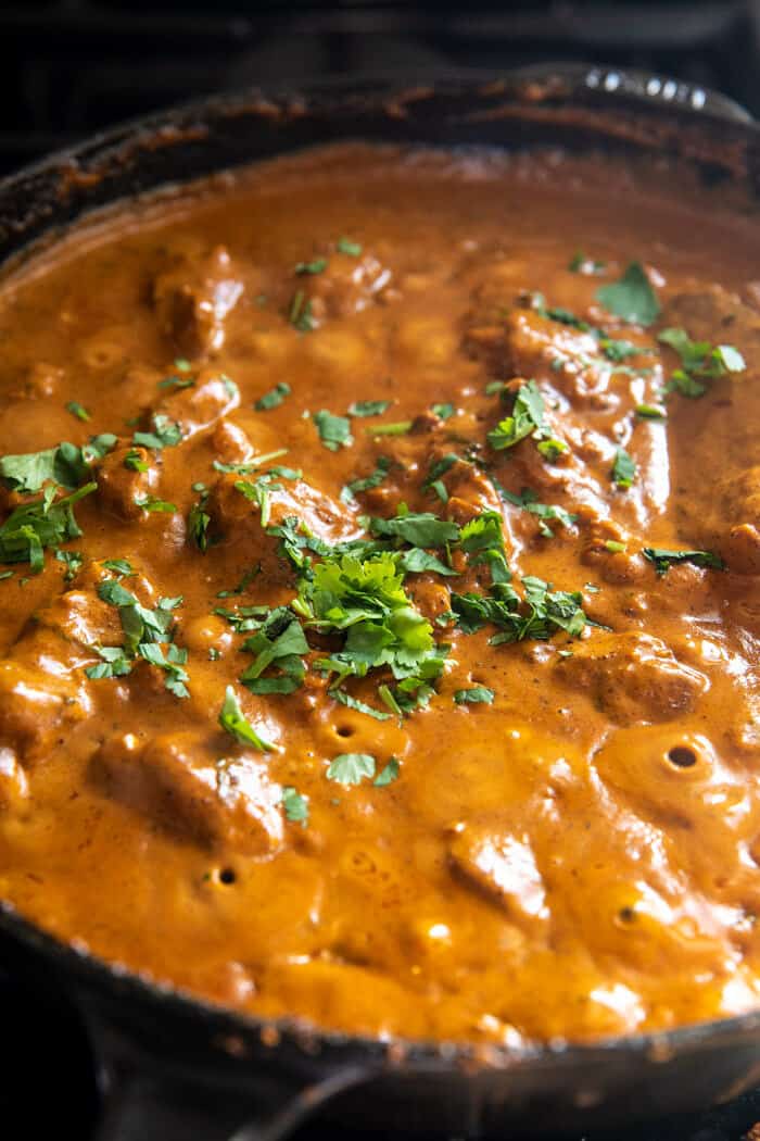 30 Minute Spicy Indian Butter Chicken cooking in skillet 