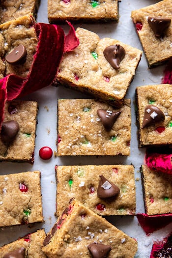 Brown Butter Christmas M&M Cookie Bars.