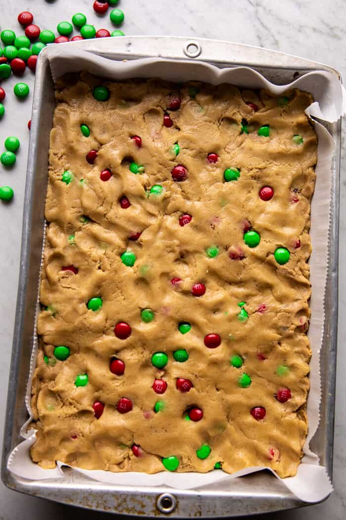 prep photo of Brown Butter Christmas M&M Cookie Bars before baking