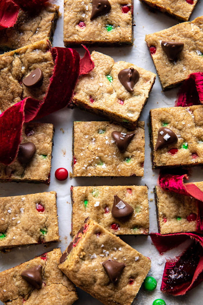 overhead photo of Brown Butter Christmas M&M Cookie Bars 