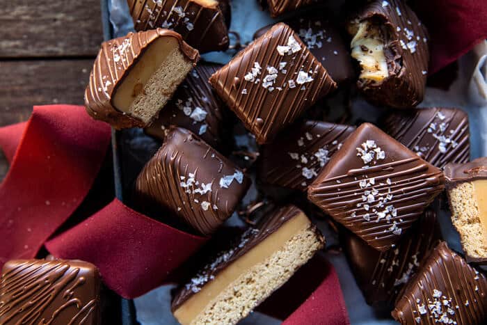 overhead horizontal photo of Chocolate Covered Brown Butter Millionaire’s Bars