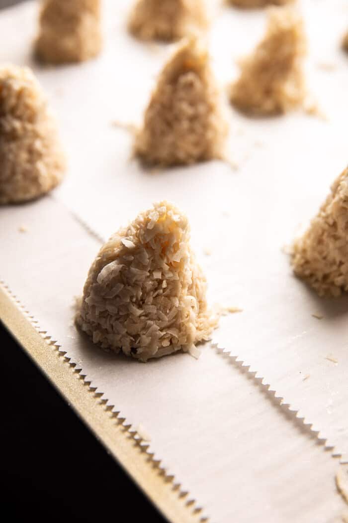 Easy Vanilla Sugar Dusted Macaroon Trees | halfbakedharvest.com prep photo of trees before baking