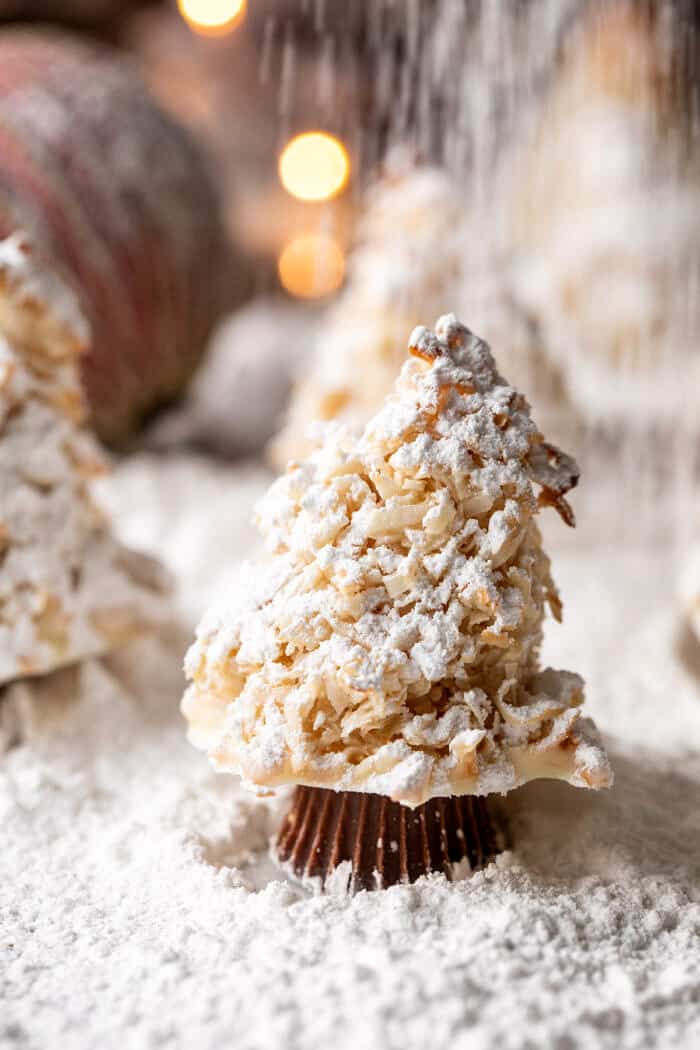 front on close up photo of Easy Vanilla Sugar Dusted Macaroon Trees 