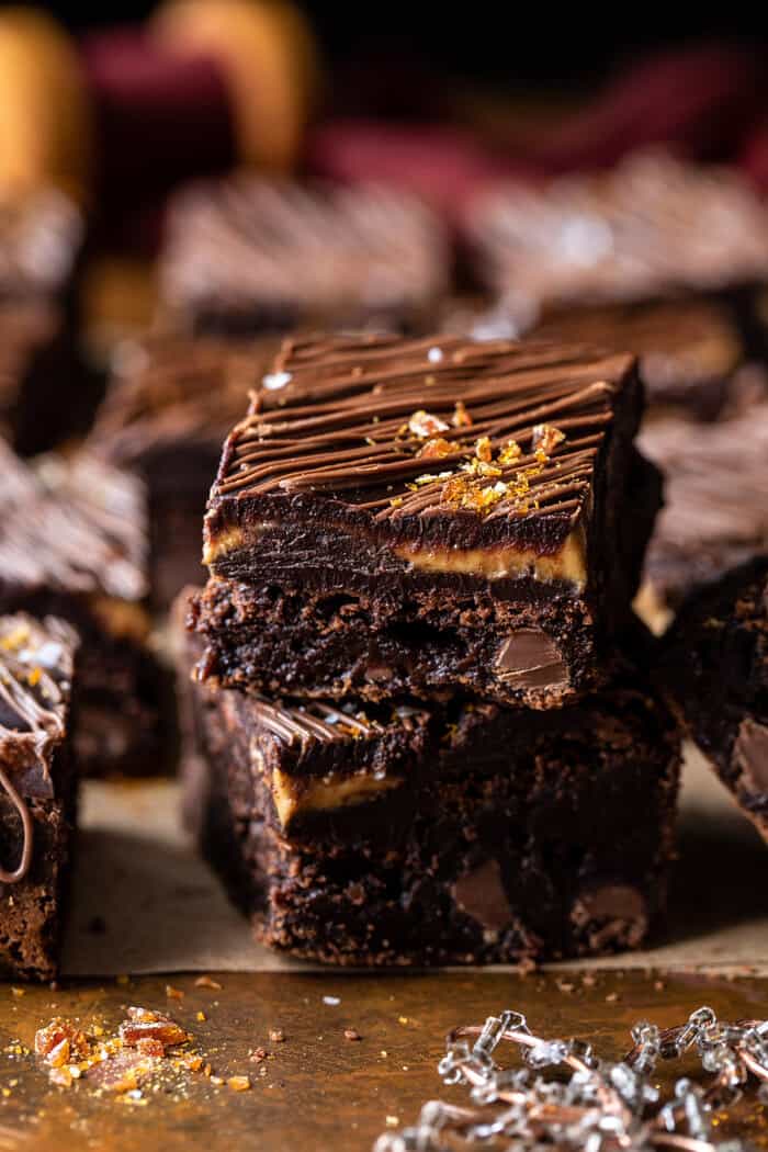 side angled close up photo of Milk Chocolate Peanut Butter Truffle Brownies