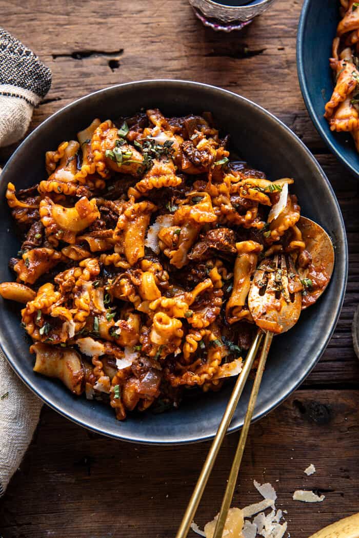 overhead photo of Slow Cooker Red Wine Braised Short Rib Pasta