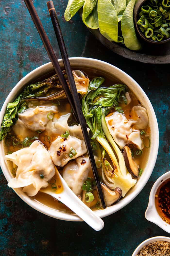 overhead photo of 25 Minute Wonton Soup with Sesame Chili Oil