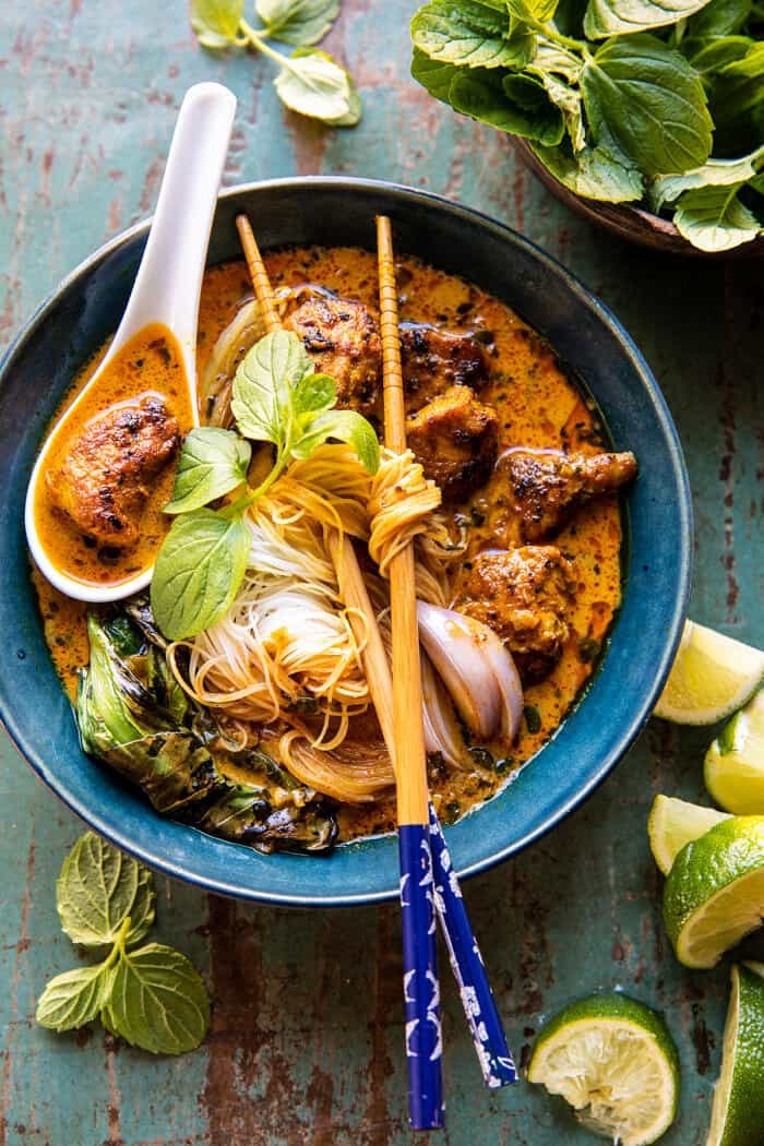 overhead photo of 30 Minute Creamy Thai Turmeric Chicken and Noodles