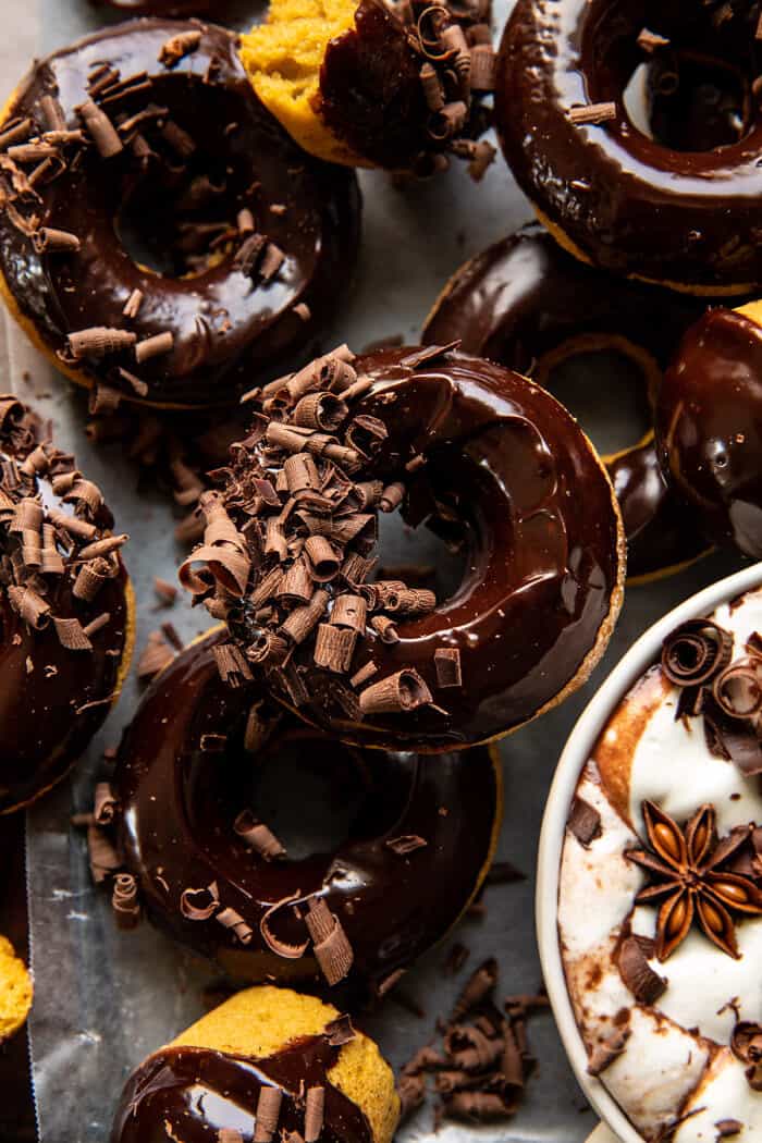 overhead close up photo of Baked Hot Chocolate Doughnuts 