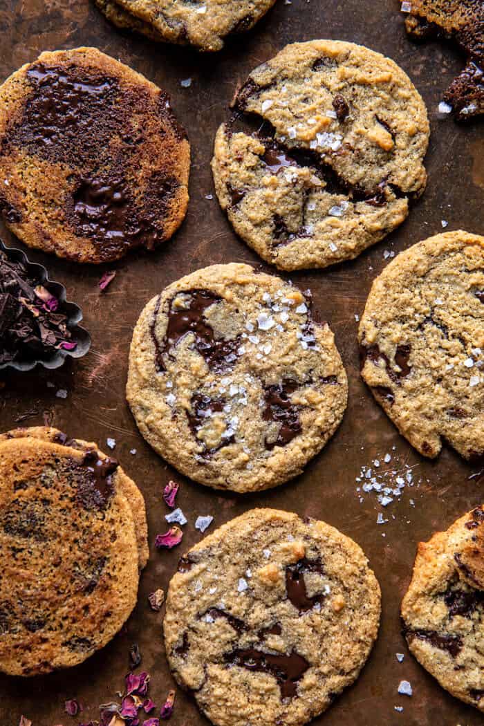 overhead photo of Salted Tahini Butter Chocolate Chip Cookies