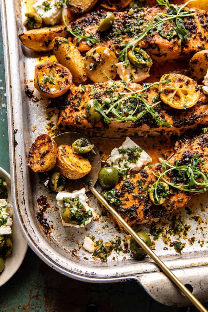 Sheet Pan Roasted Lemon Garlic Butter Salmon with Feta and Olives | halfbakedharvest.com