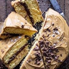 Caramel Butter Cake with Fudgy Chocolate Frosting.