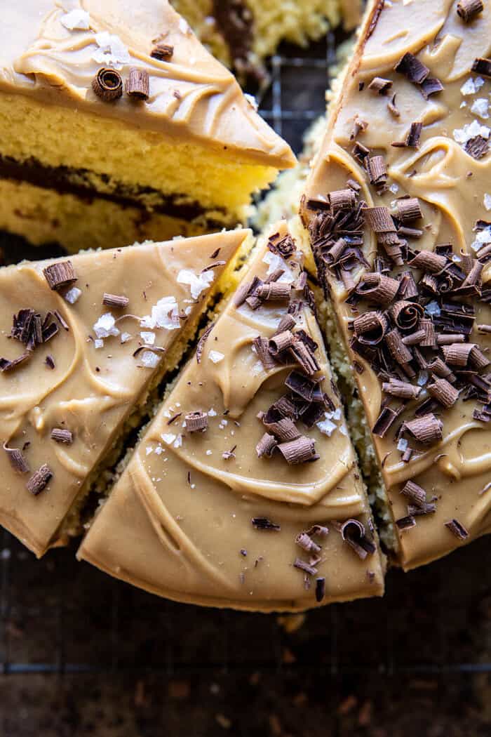 close up photo of Caramel Butter Cake with Fudgy Chocolate Frosting
