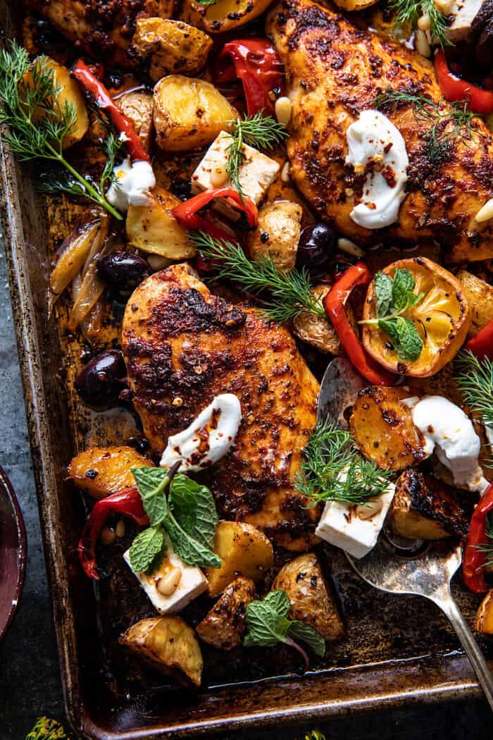 overhead photo of Easy Greek Sheet Pan Chicken Souvlaki and Potatoes