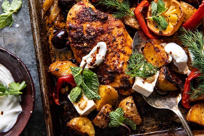 overhead horizontal photo of Easy Greek Sheet Pan Chicken Souvlaki and Potatoes 