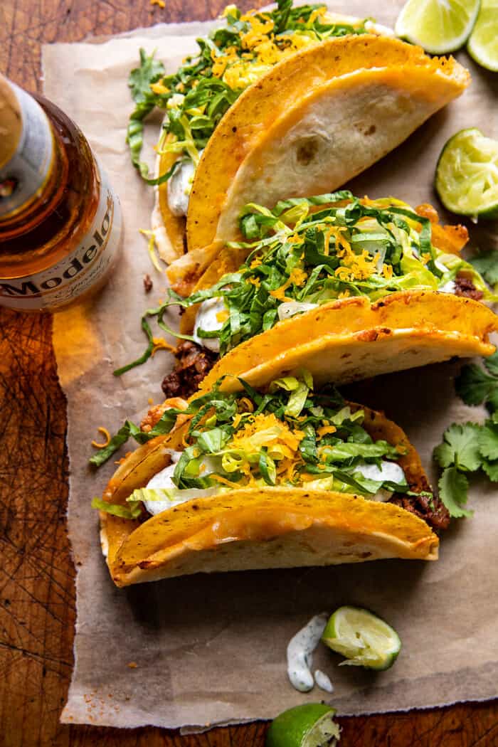 overhead photo of Homemade Cheesy Gordita Crunch Tacos
