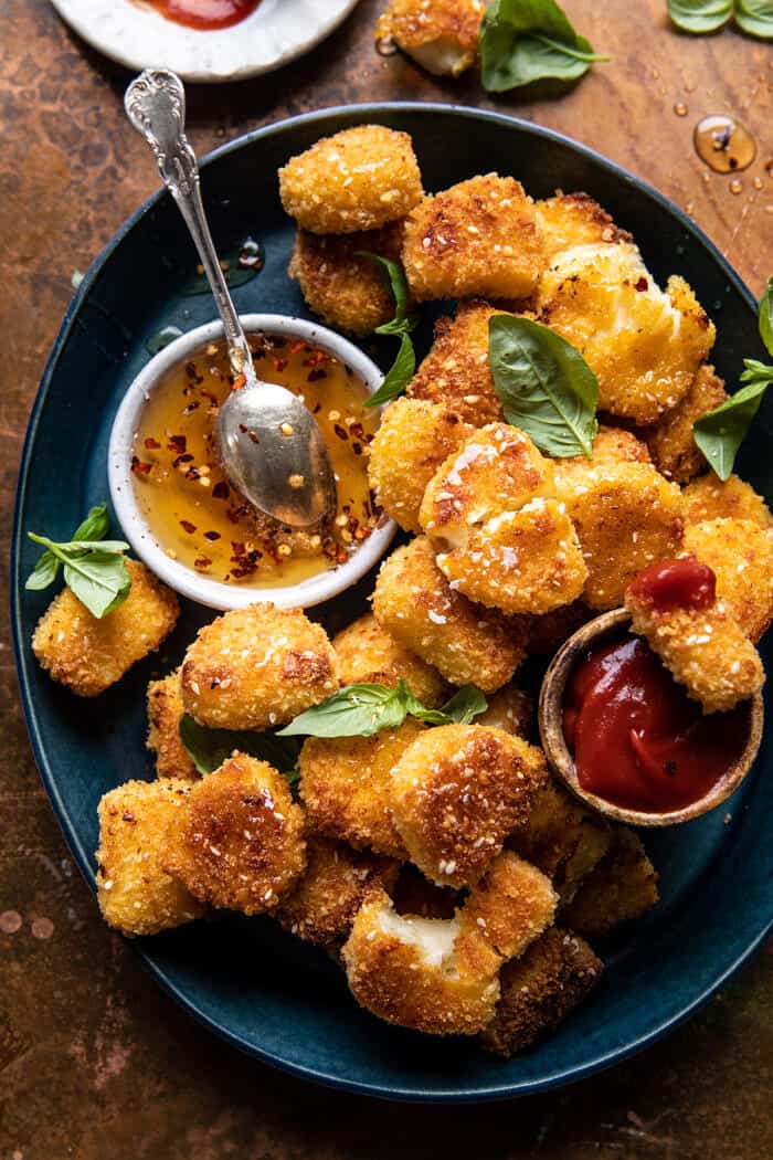overhead photo of Oven Fried Halloumi Bites with Hot Honey 