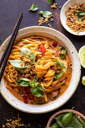 20 Minute Red Curry Noodles with Fried Coconut Garlic.