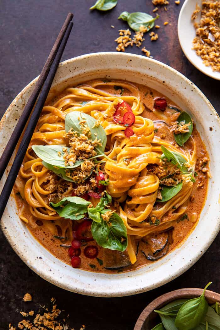 overhead close up photo of 20 Minute Red Curry Noodles with Fried Coconut Garlic