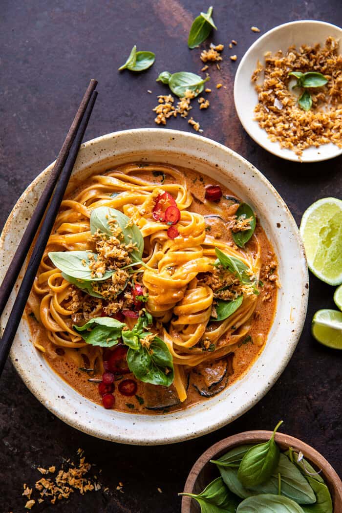overhead close up photo of 20 Minute Red Curry Noodles with Fried Coconut Garlic