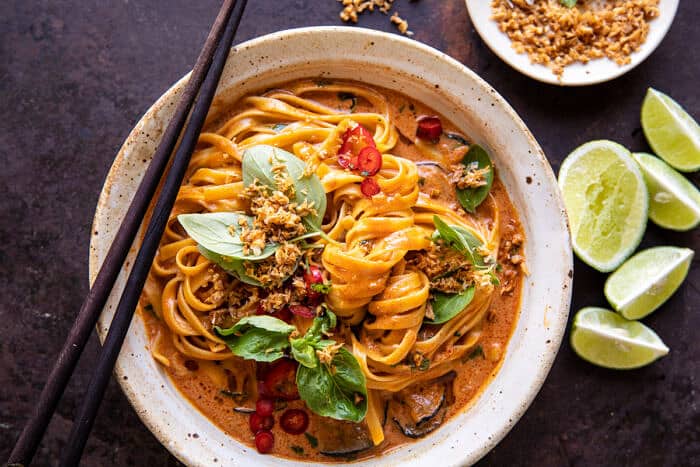 overhead horizontal photo of 20 Minute Red Curry Noodles with Fried Coconut Garlic 