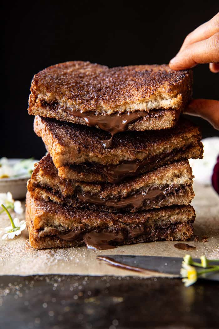 front facing photo of 5 Minute Chocolate Cinnamon Sugar Toast with sandwiches stacked 