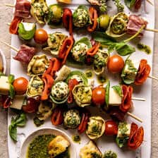 Antipasto Tortellini Skewers with Lemon Basil Vinaigrette.