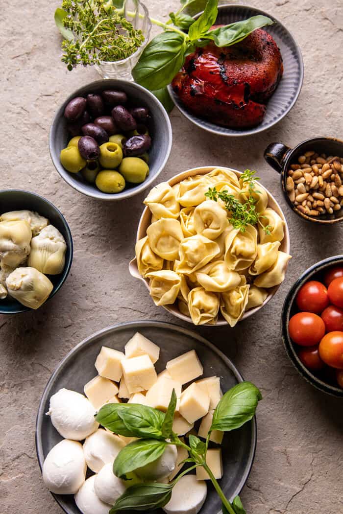 overhead prep photo of Antipasto Tortellini Skewer ingredients 