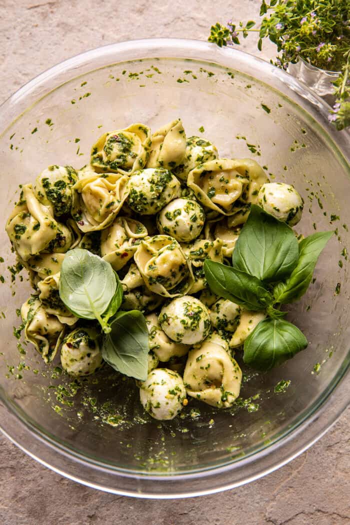 prep photo of pesto tossed Tortellini and mozzarella