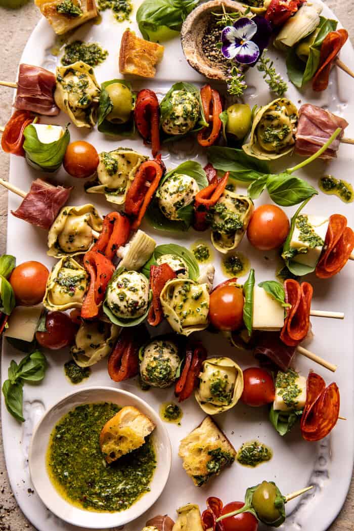 Antipasto Tortellini Skewers with Lemon Basil Vinaigrette