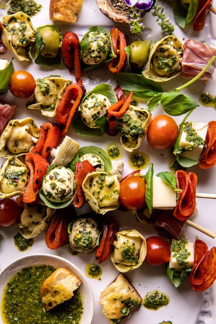 Antipasto Tortellini Skewers with Lemon Basil Vinaigrette | halfbakedharvest.com